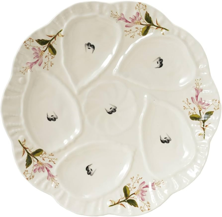 Creative Co-Op Scalloped Stoneware Oyster Plate with Floral Design, Cream | Amazon (US)