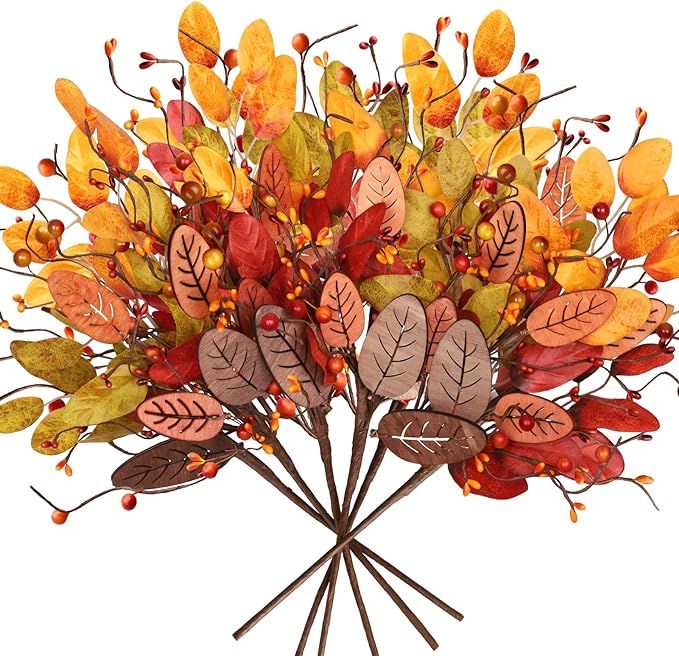 6 Pcs Fall Decor Artificial Flowers Berry Stems, Fall Artificial Eucalyptus Leaves Branches, Arti... | Amazon (US)