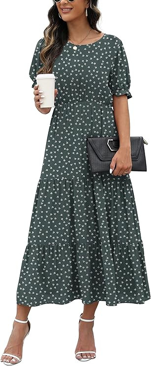 GRECERELLE Women's 2024 Spring Summer Casual Loose Crewneck Boho Dress Ruffle Puff Sleeve High Wa... | Amazon (US)