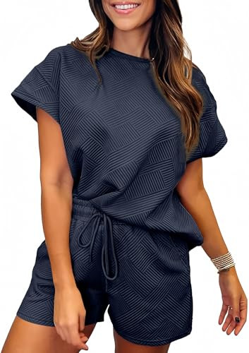 SHEWIN Women Two Piece Sets Summer Trendy Casual Matching Outfits Business Work Airport Vacation Lounge Clothes 2026 Fashion Short 2 Pcs Clothing Size S, Navy Blue | Amazon (US)