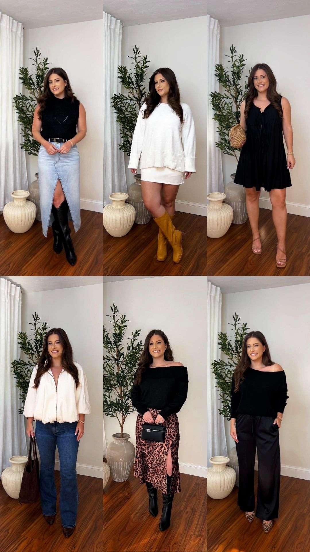 Outfit Inspo! I'm 5'1 wearing size Small turtleneck sweater vest / Size Small white Sweater / Size Small Black mini dress / Size Small white bomber jacket / Size Small off the shoulder black sweater, Size / Size Small off shoulder black sweater, Size XS animal print midi skirt / XS Satin Pants, Small one shoulder sweater. #womensstyle #amazonfinds #amazonfashion 

 

#LTKSeasonal #LTKootd #LTKFindsUnder100