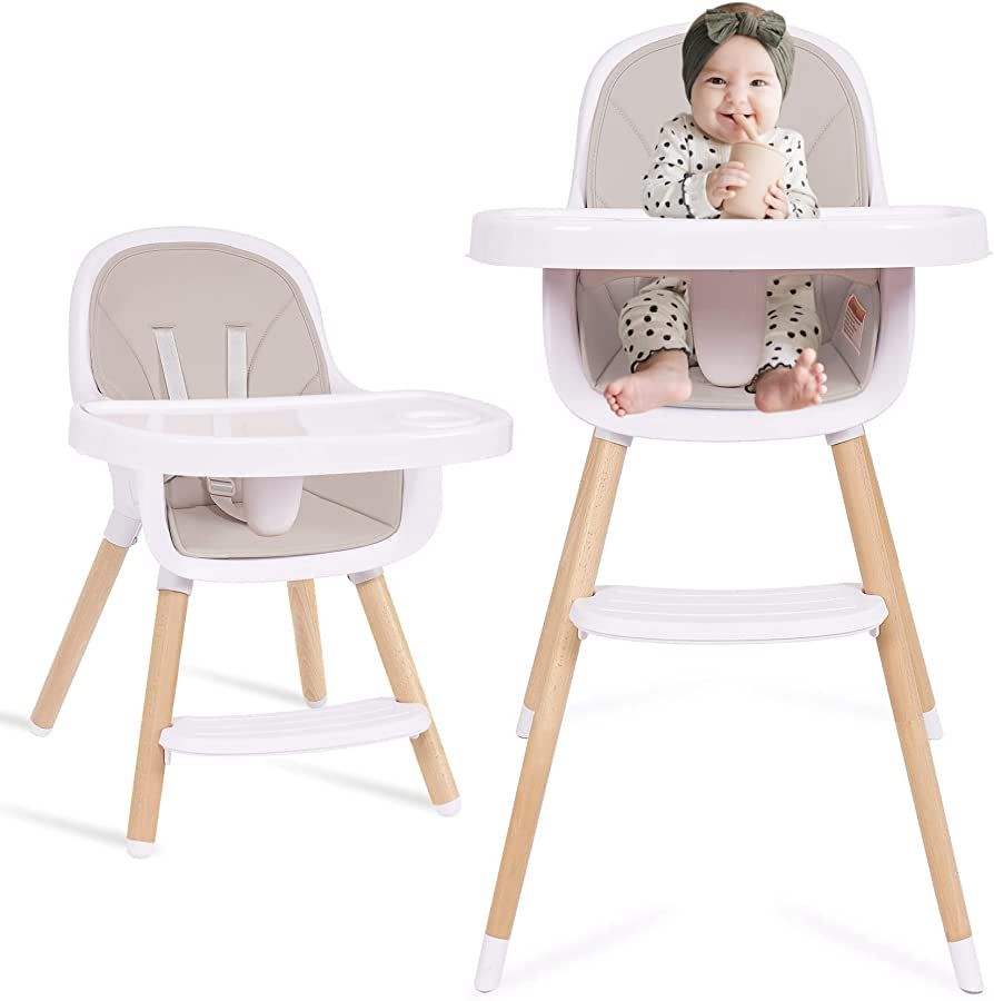 Baby High Chair, 3-in-1 Convertible Wooden High Chair with Adjustable Legs & Double Dishwasher Sa... | Amazon (US)