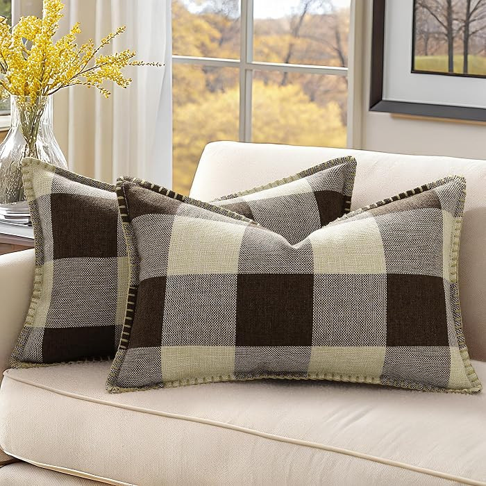 decorUhome Fall Plaid Linen Throw Pillow Covers 12x20 Set of 2 Brown Beige | Amazon (US)