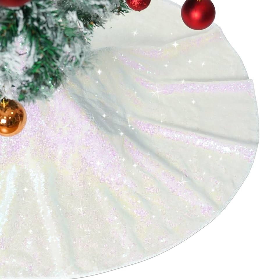 Christmas Tree Skirt 36" Round Sparkly Iridescent Sequin White Tree Skirt Ornaments Xmas New Year... | Amazon (US)