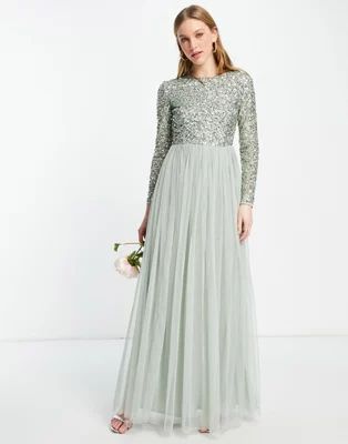 Maya Bridesmaid long sleeve maxi tulle dress with tonal delicate sequin in sage green | ASOS (Global)