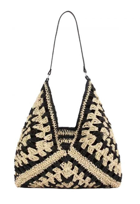 Hollow Out Braided Straw Bag in Black | Chicwish