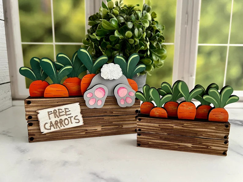 Bunny tail in crate of carrots, mini carrot crate, hand painted laser cut shelf sitter, spring Ea... | Etsy (US)