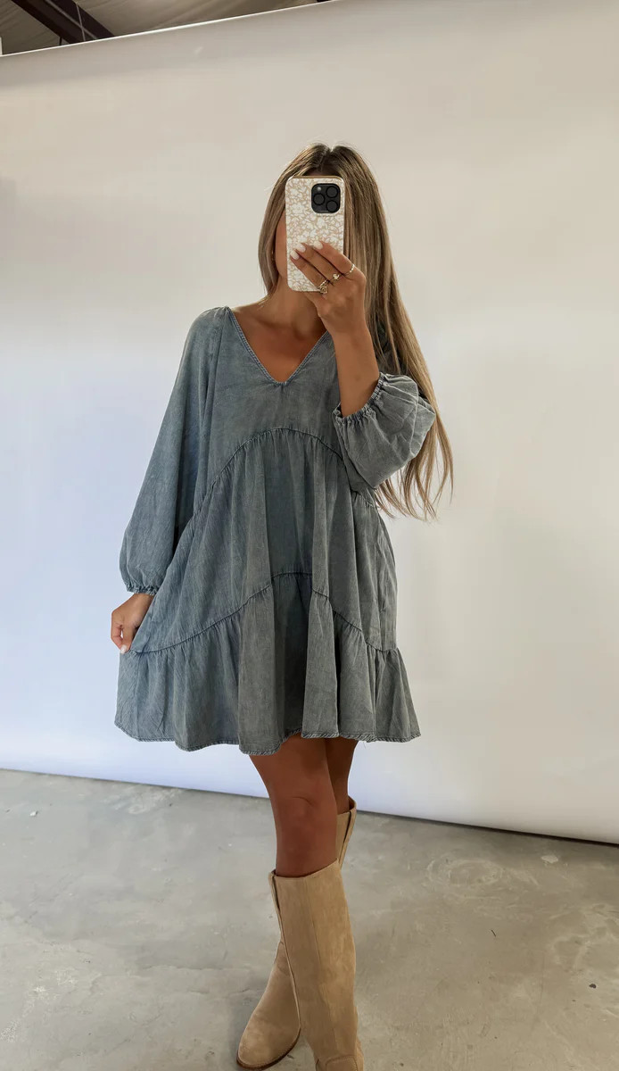 Grayson V Neck Denim Washed Tiered Dress | CK Squared Boutique