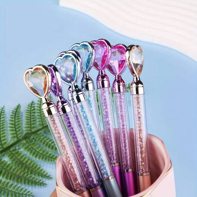 1/3/5 Pc(S) Diamond Heart + Round Metal Look Ballpoint Pen, Colorful Metallic Look Pen, Crystal Diamond Glitter Pen, Crystal Gem Ballpoint Pen, 0.7mm | SHEIN