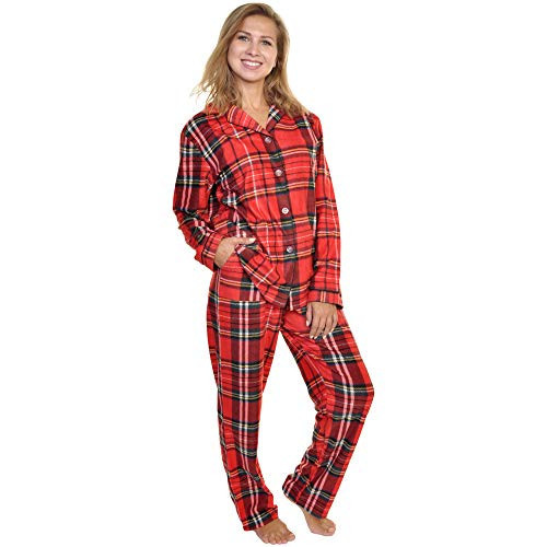 Angelina Women's Pajama Set Cozy Fleece with Notch Collar and Pockets | PJ56_M | Holiday Christmas Plaid | Amazon (US)