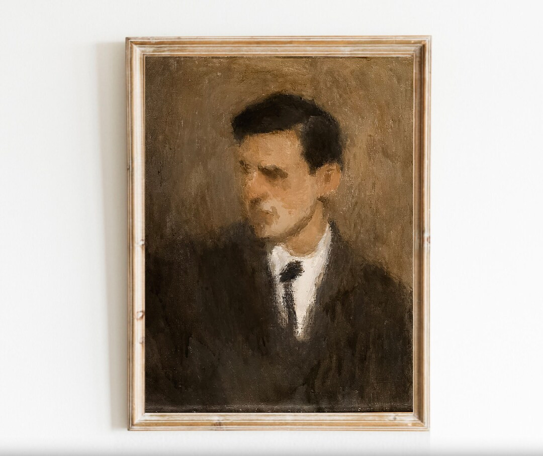 Man Portrait Vintage Dark Moody Academia Oil Painting Dark Haired Male Suit and Tie Brown Decor P... | Etsy (US)