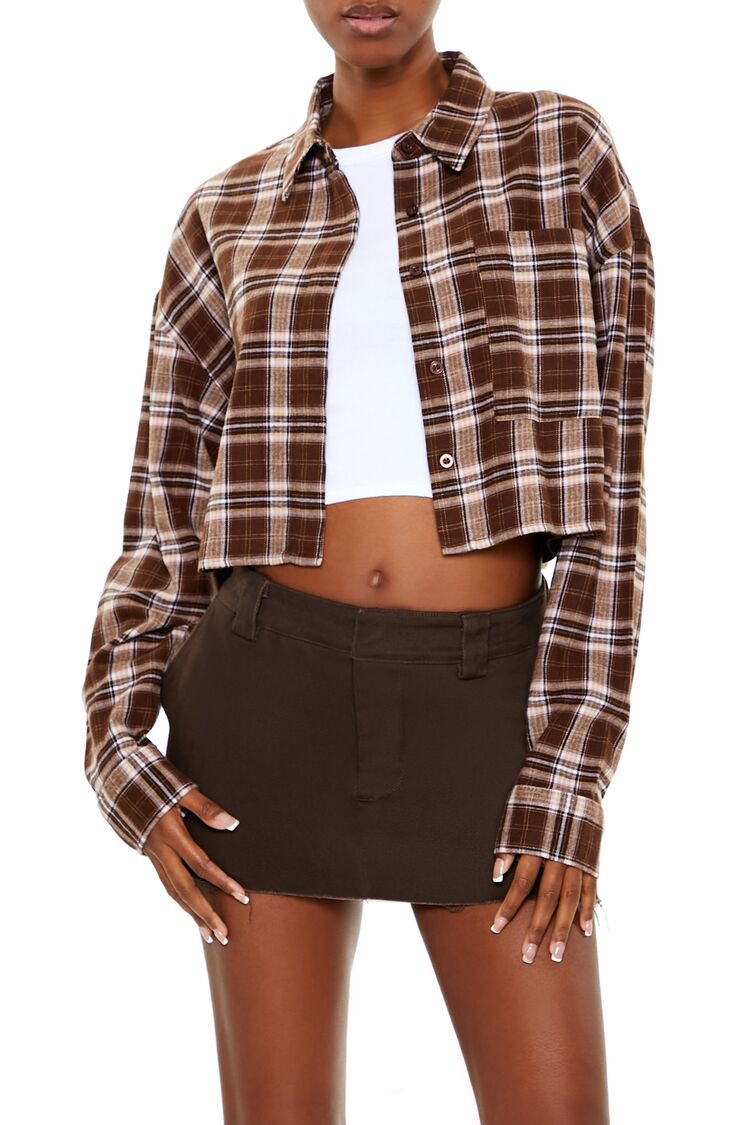 Women's Cropped Flannel Plaid Shirt in Brown, XS | Forever 21