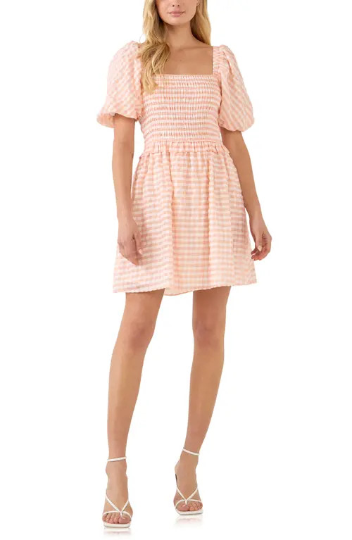 English Factory Gingham Smocked Minidress in White/Coral at Nordstrom, Size Small | Nordstrom