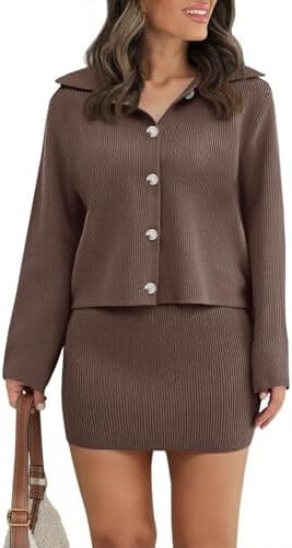 Saodimallsu Womens 2 Piece Sweater Skirt Sets Long Sleeve Collared Button Cardigan Knit Mini Skir... | Amazon (US)