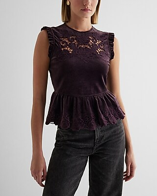 Velvet Crew Neck Lace Embroidered Peplum Top | Express