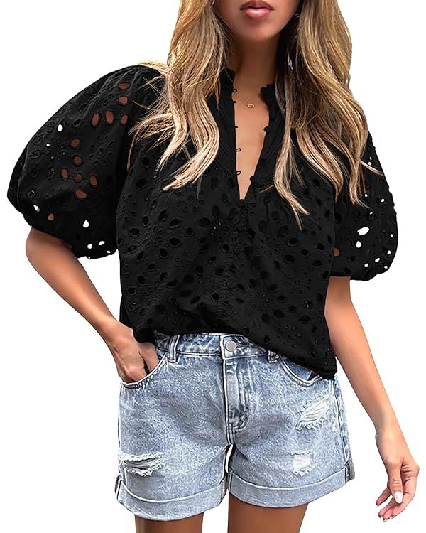 Pretty Garden Womens Hollow Out Lace Embroidered Blouse | Amazon (US)