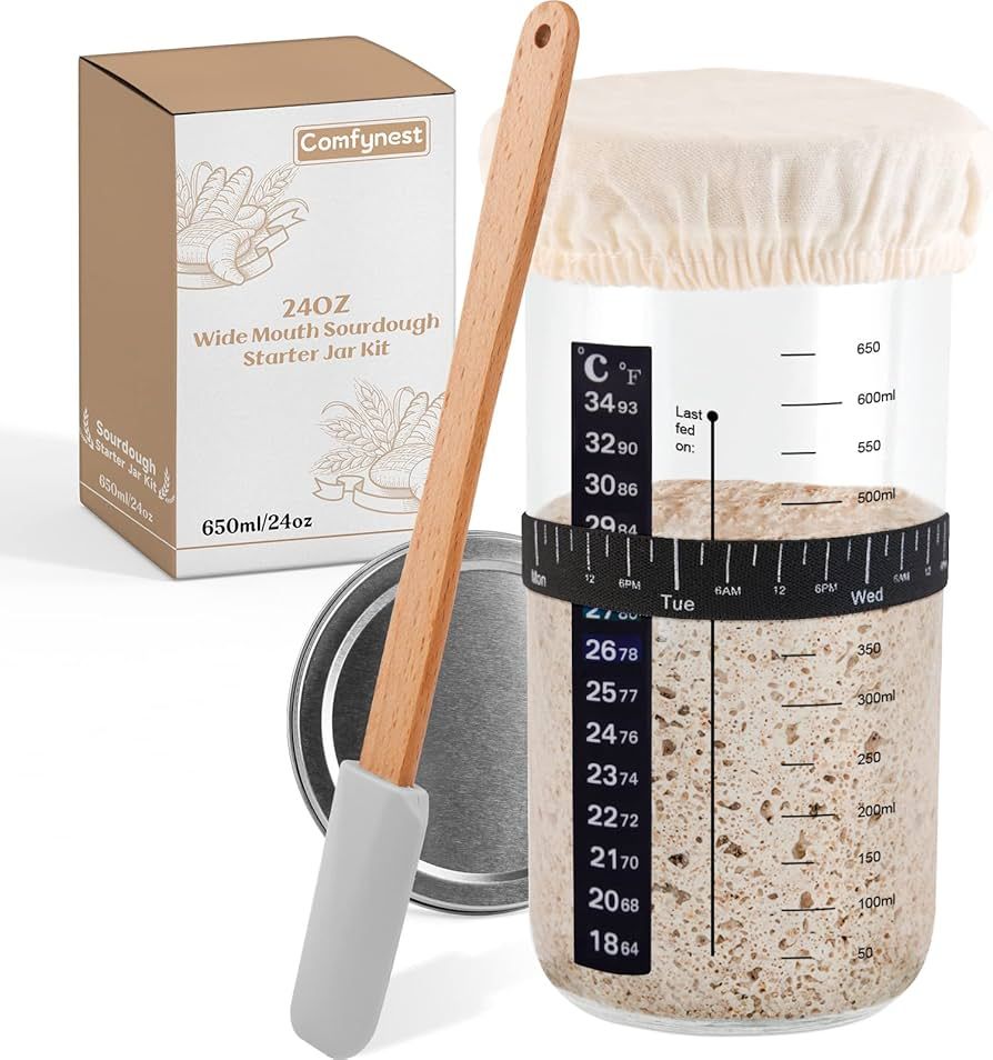 Amazon.com: Comfynest Sourdough Starter Jar, Sourdough Starter Kit with Thermometer, Cloth Cover,... | Amazon (US)