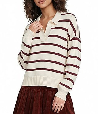 A Loves A Striped Print Long Sleeve Point Collar Knit Sweater - L | Dillard's
