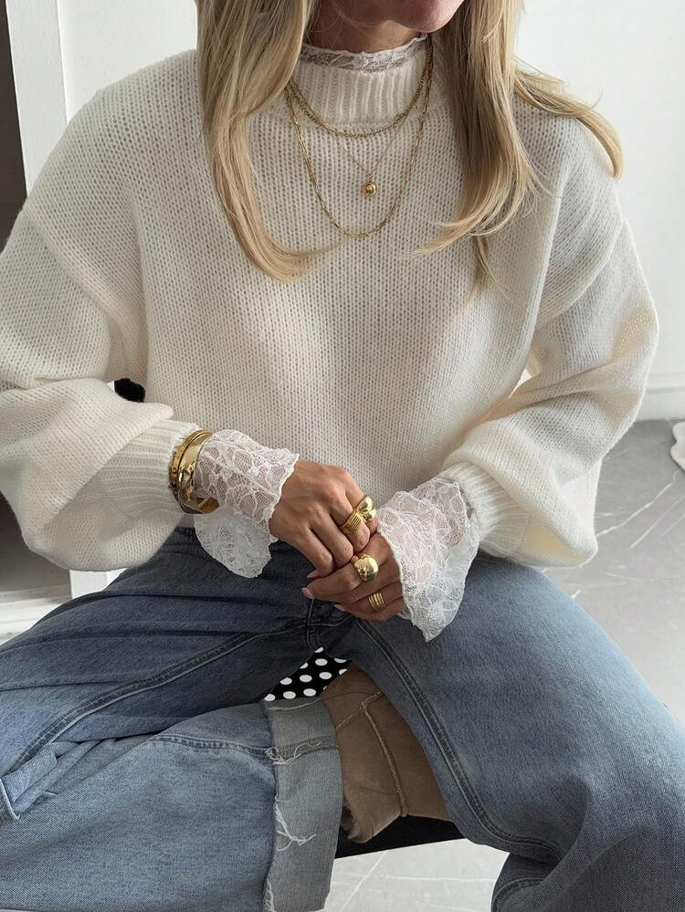 DAZY New Autumn Loose Casual Lace Patchwork Women Sweater | SHEIN