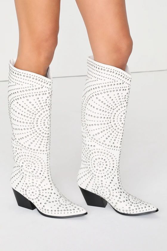 Zachariah White Studded Pointed-Toe Knee-High Western Boots | Lulus (US)