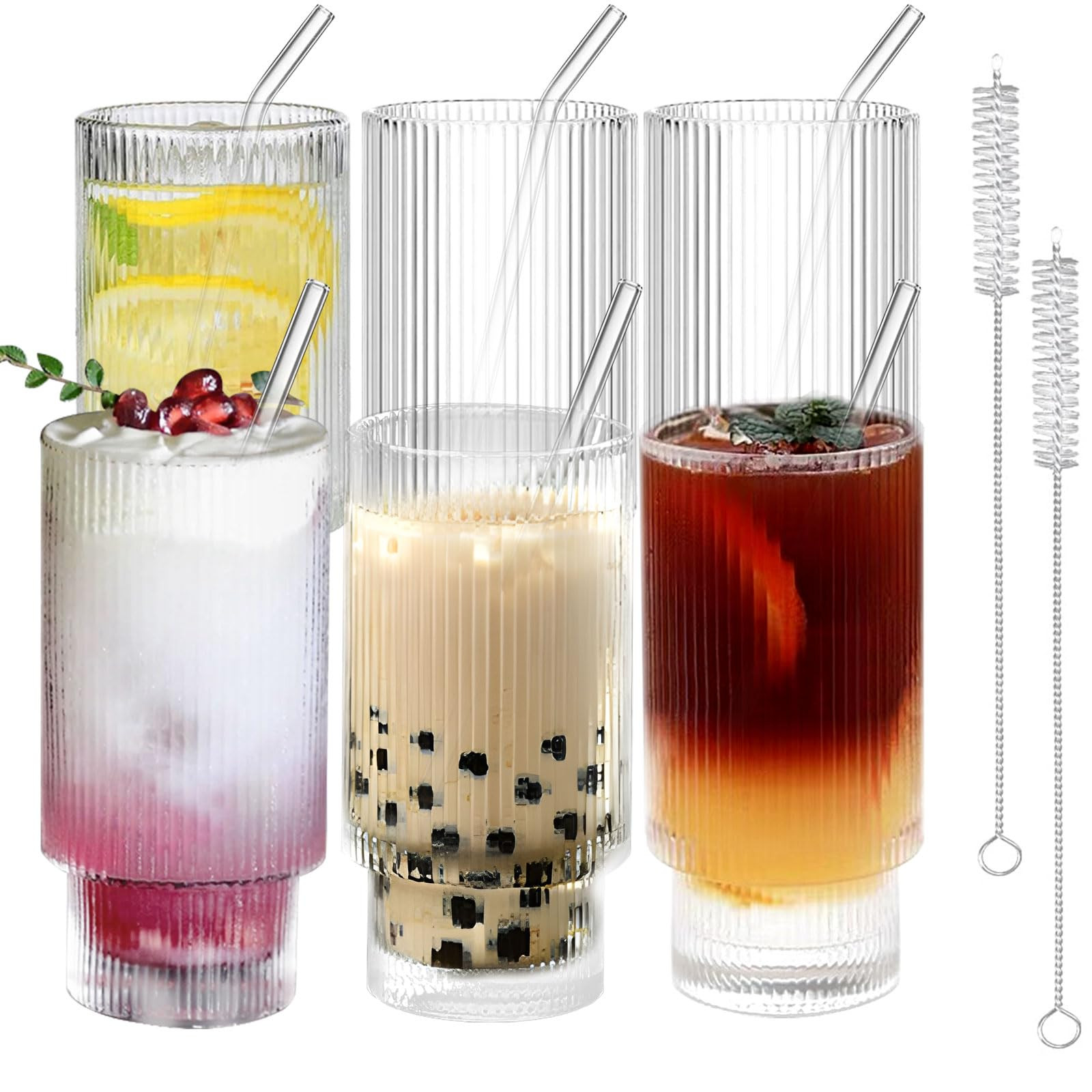 ASIZZED Ribbed Glassware with Straws, Iced Coffee Cup 6 Pack, Reusable Wide Mouth Smoothie Cup 16... | Amazon (US)