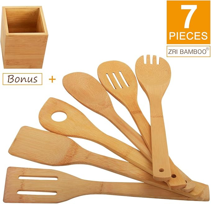 Kitchen Cooking Utensils Set - 6 Pieces Bamboo Wooden Spoons & Spatulas and 1 Holder as House War... | Amazon (US)