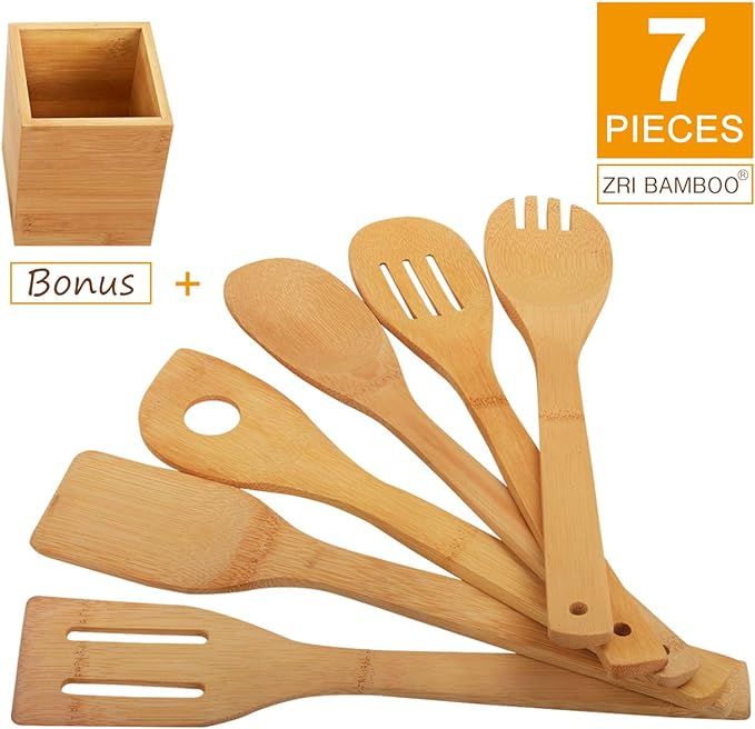 Kitchen Cooking Utensils Set - 6 Pieces Bamboo Wooden Spoons & Spatulas and 1 Holder as House War... | Amazon (US)