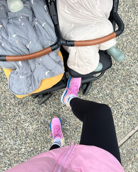 Fave double stroller it’s so good for two kids!!! Lululemon align leggings are the best size 8. Hoka sneakers I buy my true size they are very comfortable for walks. Best tts M runs really oversized!