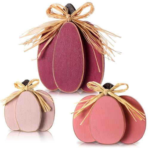 Ferraycle 3 Pcs Fall Pumpkin Decor 3D Wooden Pumpkin Tabletop Decor, Pink | Amazon (US)