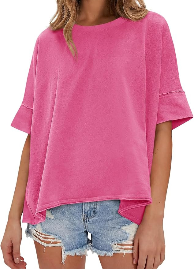 Tankaneo Womens Oversized T-Shirts Casual Summer Crew Neck Short Sleeve Tops Loose Fit Hi Low Dro... | Amazon (US)