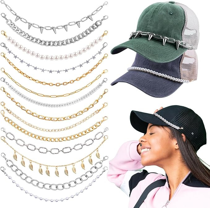 14PCS Trucker Hat Chains Spike Thorn Chain Detachable Pearl Metal Star Chains Bill Decoration for... | Amazon (US)