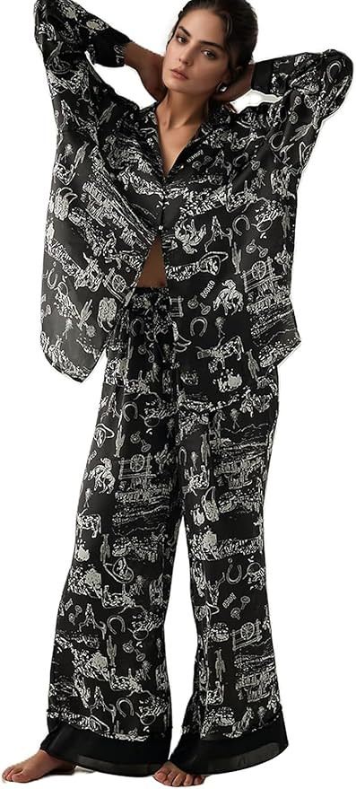 Yimoon Womens Satin Pajama Set Floral Silk Pajamas 2 Piece Cute Long Sleeve Button Down Pjs Sleep... | Amazon (US)