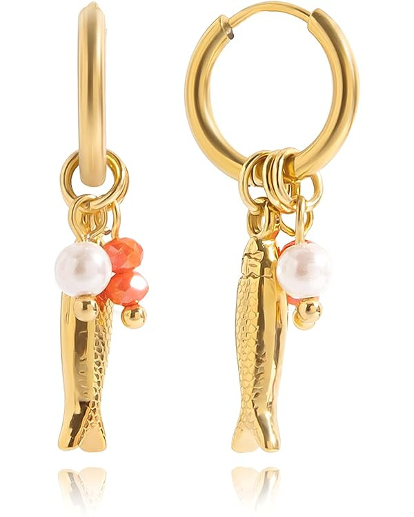 Beach Fish Earrings for Women - Boho Gold Pearl Red Bead Fish Earrings, Bohemian Beach Jewelry | ... | Amazon (US)