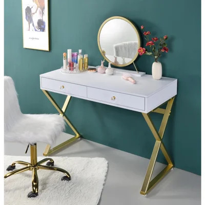 Rectangular Vanity Desk with Mirror and Jewelry Tray, White and Gold | Wayfair North America