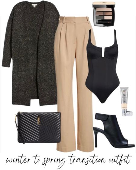 Cardigan 
Sweater 
Pleated pants 
YSL clutch
Black sandals 
Eyeshadow 
#LTKFind #LTKbeauty #LTKunder100