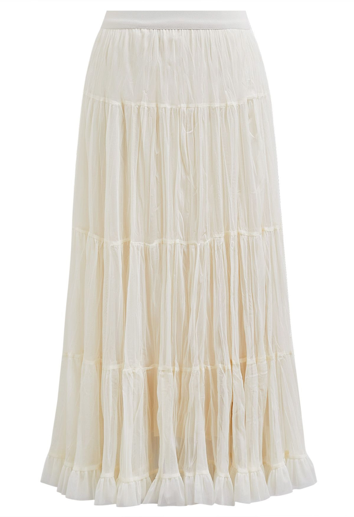 Reversible Gathered Pleats Tiered Tulle Maxi Skirt in Cream | Chicwish
