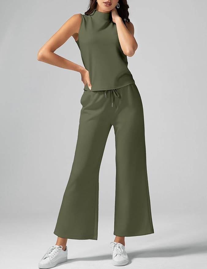 Funlingo Women's 2 Piece Outfits Summer Sleeveless Mock Neck Tops Wide Leg Crop Pants Lounge Set ... | Amazon (US)