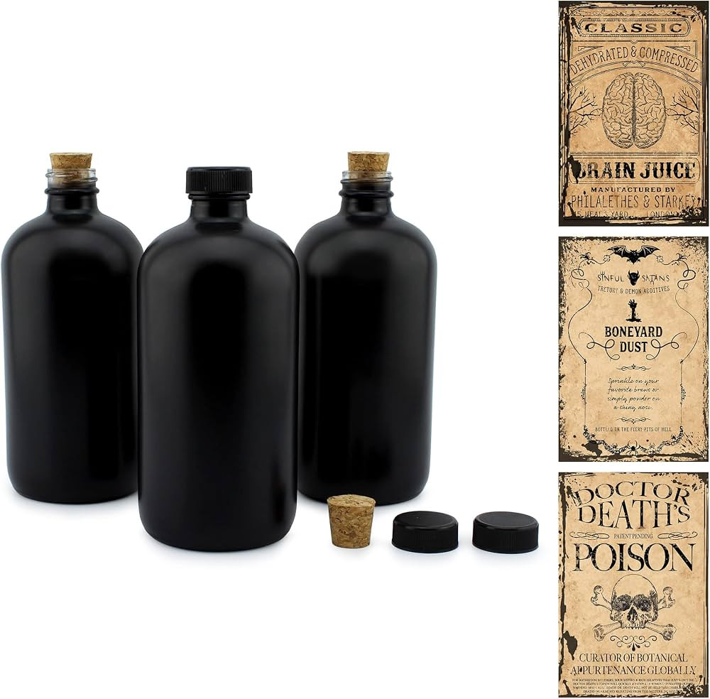Cornucopia Black 16-Ounce Glass Apothecary Bottles (3-Pack); Boston Round Bottles w/Designer Labe... | Amazon (US)