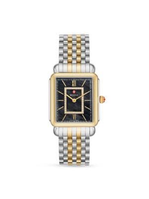 Michele Deco II 32MM Two Tone 18K Goldplated Stainless Steel &amp; Diamond Bracelet Watch on SALE... | Saks Fifth Avenue OFF 5TH