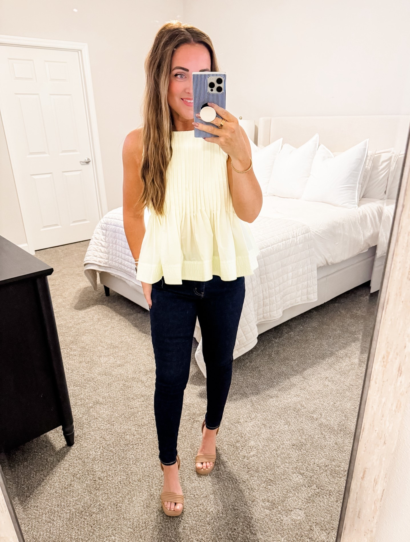 Top - S, denim - 28 (tts) 
5’4” 140 lbs 
—
Amazon denim | Levi denim | Walmart top | Peplum top | Spring fashion | Spring outfit | Butter yellow | Vacation top | Skinny jeans | Dark denim 

#LTKSpringSale #LTKSeasonal #LTKWorkwear
