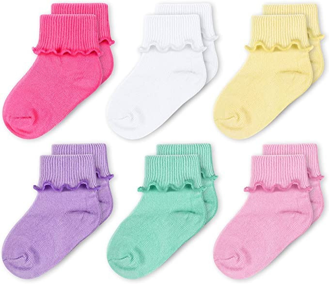 CozyWay Baby Girls Socks 6 Pack Ruffle Ripple Edge Turn Cuff Socks | Amazon (US)