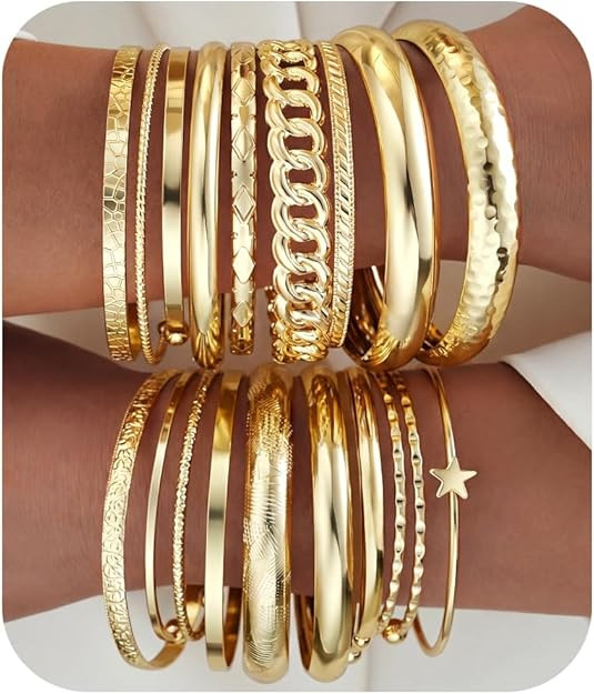 ÌF ME Gold Bangle Bracelets for Women, 19Pcs Multi Stackable Textured Bangles Set, 14K Gold Plat... | Amazon (US)