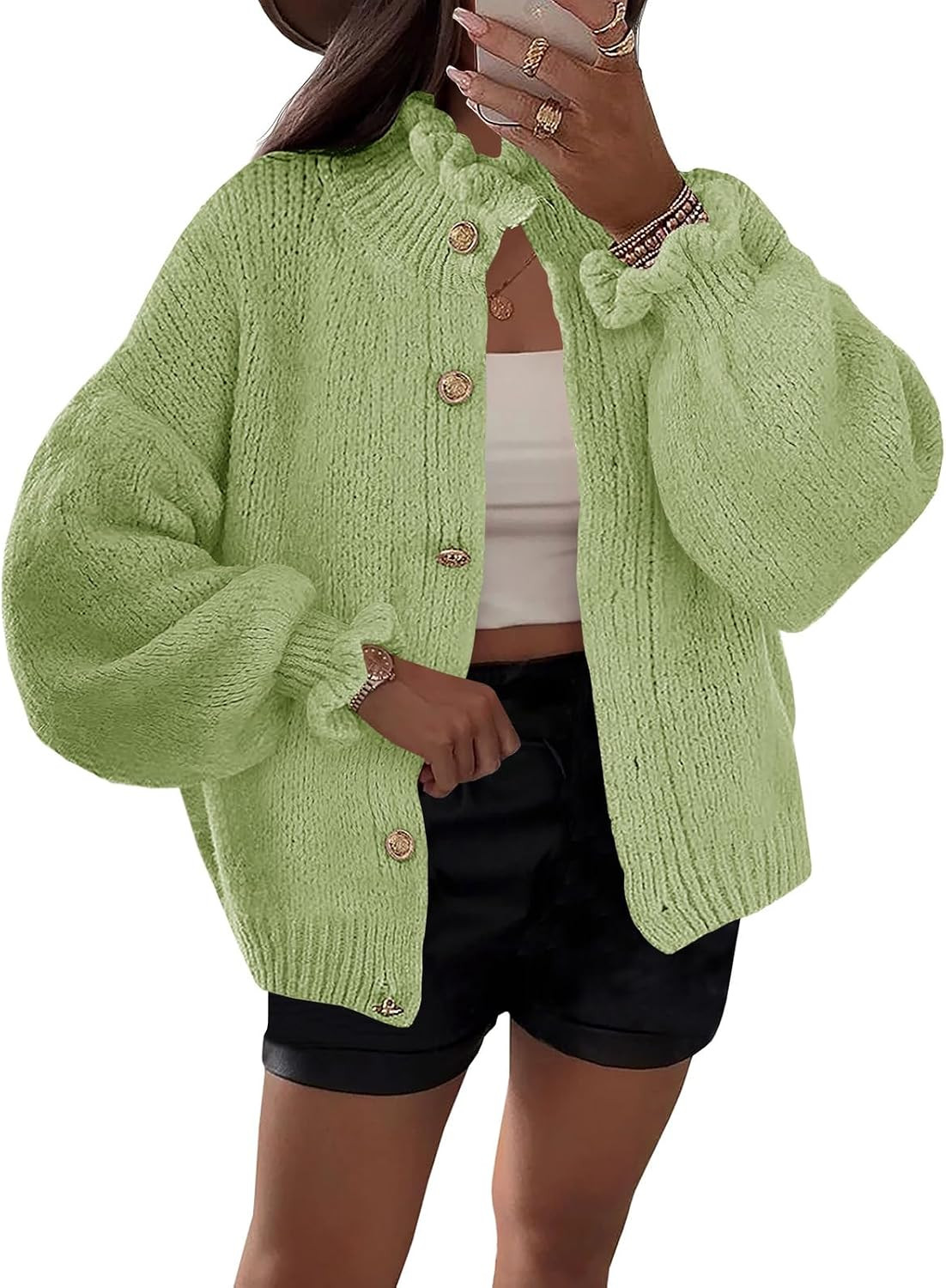 Saodimallsu Womens Ruffle Cardigan Oversized Button Up Fall Trendy Ribbed Knit Open Front Long Sleeve Loose Cute Sweater | Amazon (US)