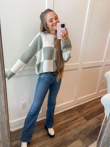 Cute fall checkered boxy cropped sweater!! Tj maxx find such great price lightweight flare jeans chunky boot fall outfit 

#LTKSeasonal #LTKHalloween #LTKunder50