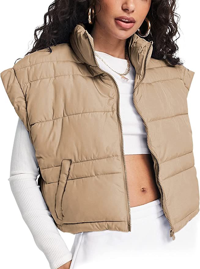 Ailoqing Womens Quilted Cropped Puffer Vest Sleeveless Zip Up Stand Collar Padded Gilet(Khaki-S) ... | Amazon (US)