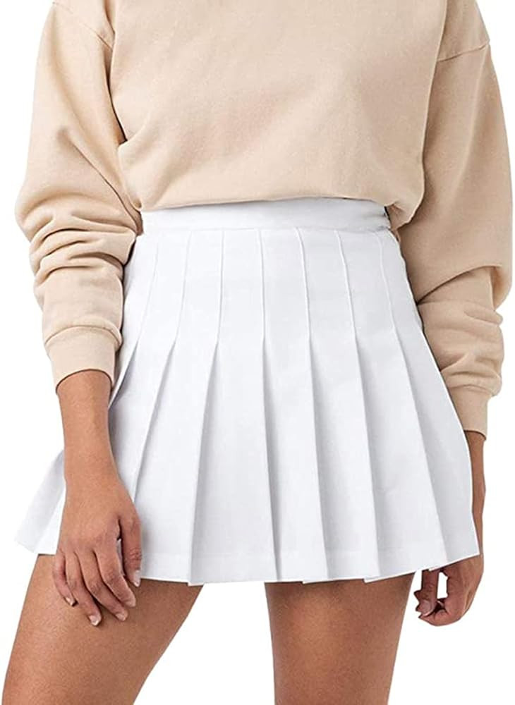 Women Girls High Waisted Pleated Skater Tennis School A-Line Skirt Uniform Skirts with Lining Shorts | Amazon (US)