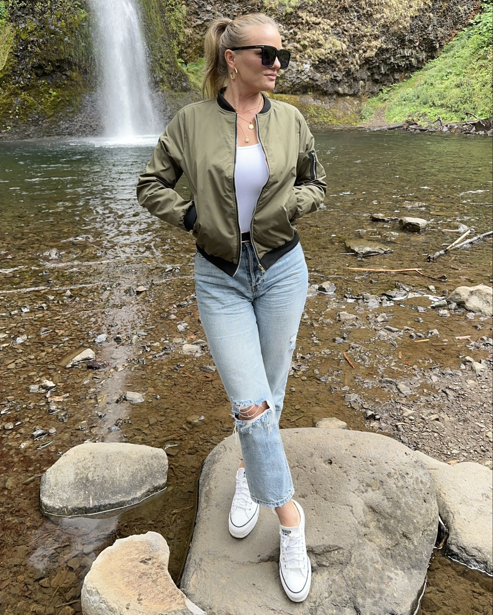 I’m wearing green bomber jacket from Amazon in size M

Jeans are from VICI, size 27

Bodysuit Amazon (Skims dupe) in size M

Platform white sneakers Converse size 6.5 (my regular size is 7.5)

#LTKStyleTip #LTKTravel #LTKSeasonal
