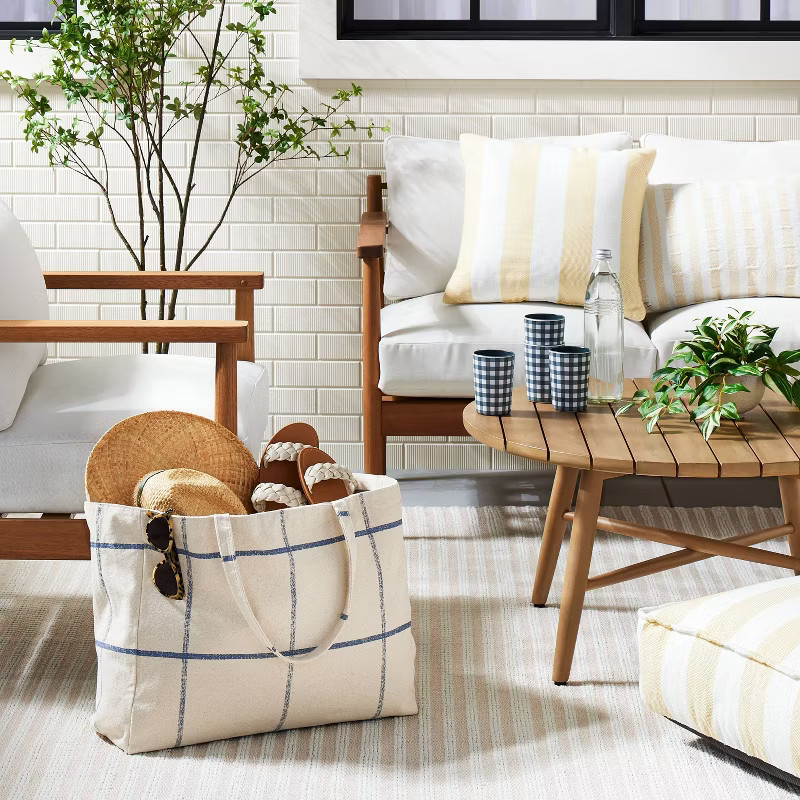Distressed Grid Lines Market Bag Blue/Natural - Hearth & Hand™ with Magnolia | Target