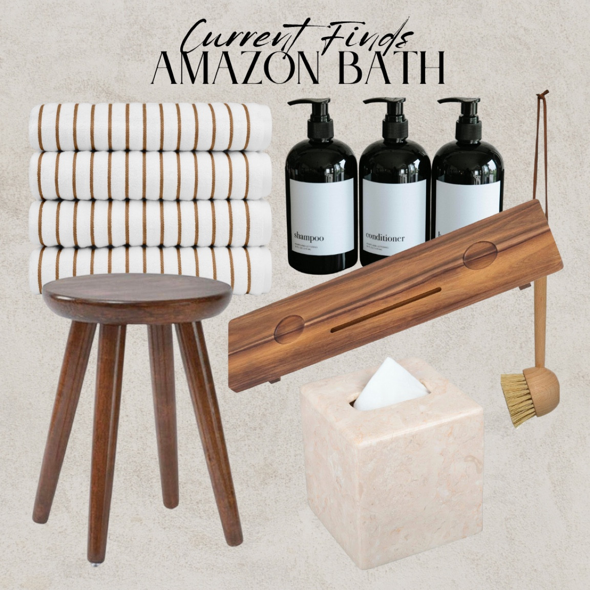 Amazon bathroom. Wood brush, cleaning brush, set of three shampoo conditioner body wash bottles, shampoo dispenser with label, black bottles, wooden bathtub caddy stand, marble tissue box cover tissue holder, wooden stool, beige and brown bath towels, striped bath towels

#LTKhome #LTKGiftGuide #LTKxPrime