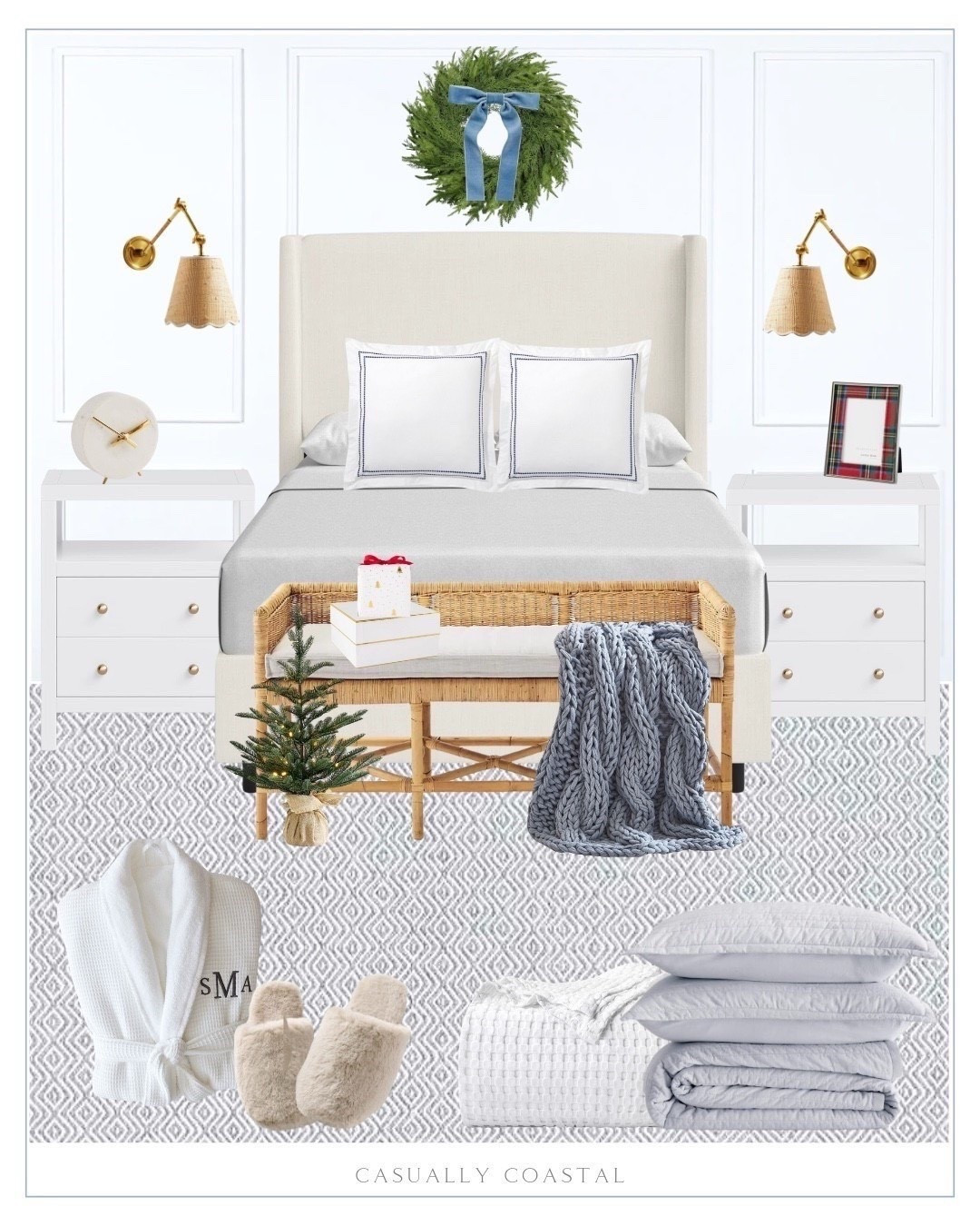 Holiday Bedroom Design Inspiration - so many pieces in this bedroom design are included in Black Friday sales including the bed, bench, rug, wall sconces, nightstands & more! 

Holiday home decor,  Christmas home decor, Christmas bedroom, primary bedroom, coastal bedroom, Serena & lily sconce, wayfair bed, coastal bed, Tilly upholstered bed, blue handknit throw blanket, white and gold wrapping paper, white and gold square gift box, self-adhering wall molding, Amazon wreath, 26 inch Christmas wreath, dusty blue velvet ribbon, faux lit burlap potted pine tree, quince bedding, coastal bedding, organic cotton stripe stitch quilt set, organic percale sham, Stowe plaid frame, holiday frame, marble clock, 2 drawer nightstand, white nightstand, coastal bench, cotton waffle blanket, white throw blanket, Serena & lily rug, blue rug, coastal rug, bedroom rug, faux fur slippers, waffle weave resort robe 

#LTKHome #LTKSaleAlert #LTKHoliday